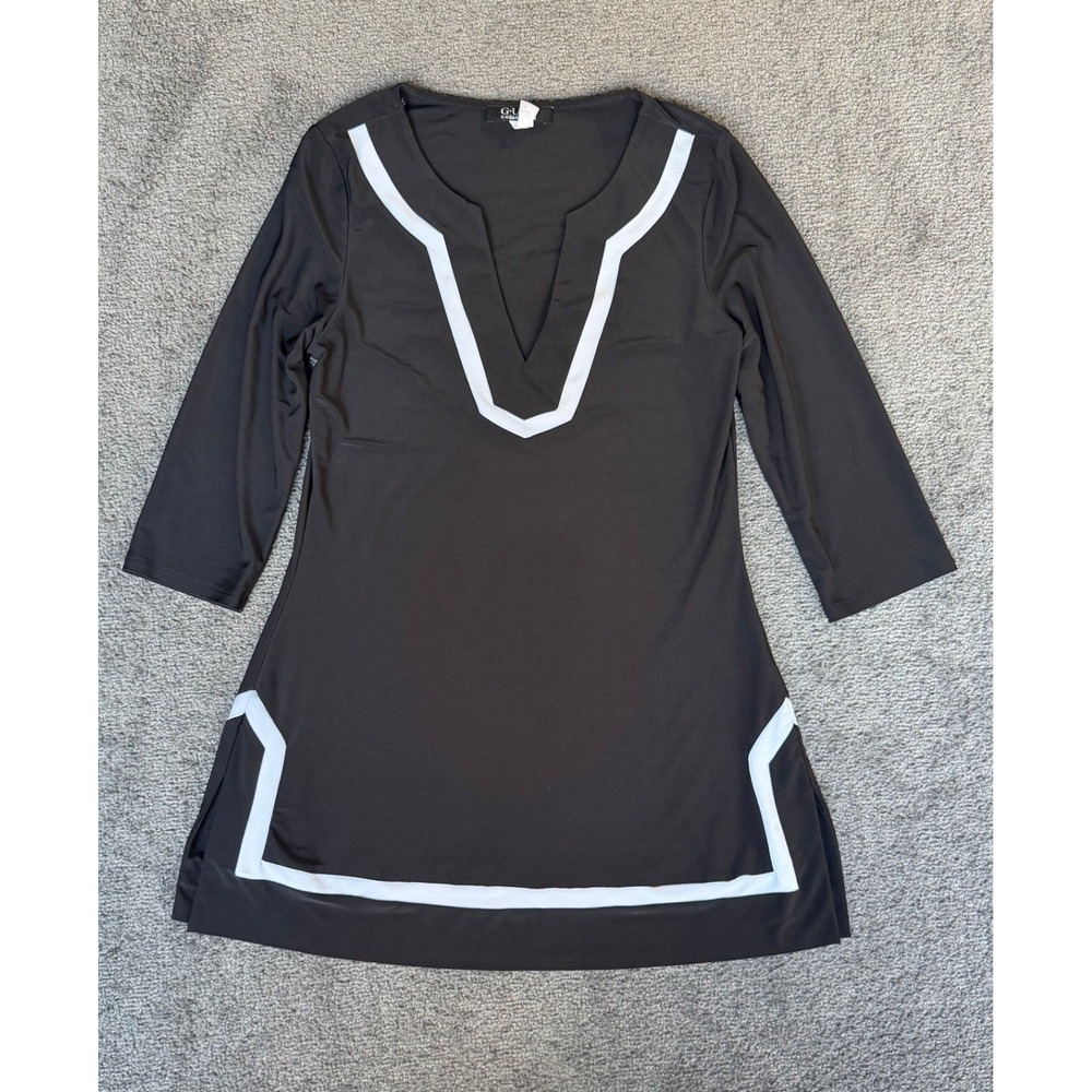 GUSB Collection Womens Black White Geometric Trim 3/4 Sleeve Tunic Top Size M